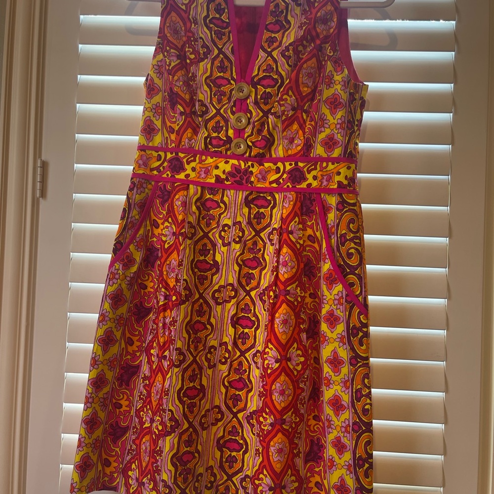Vibrant Pink and Yellow Patterned Sleeveless Dress